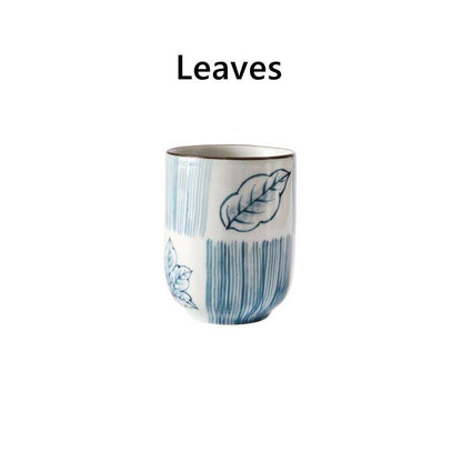 Ceramic Tea Cup Japanese Hand-Painted Leaves Fan Stripes Golden