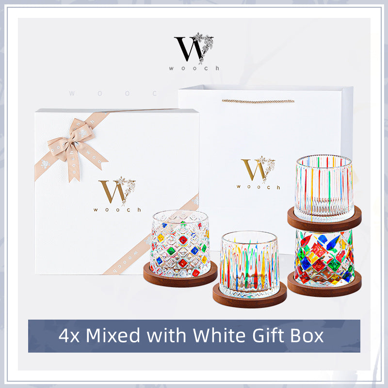 Whiskey Glass Rotating Stained Crystal | Wooden Base Gift Set