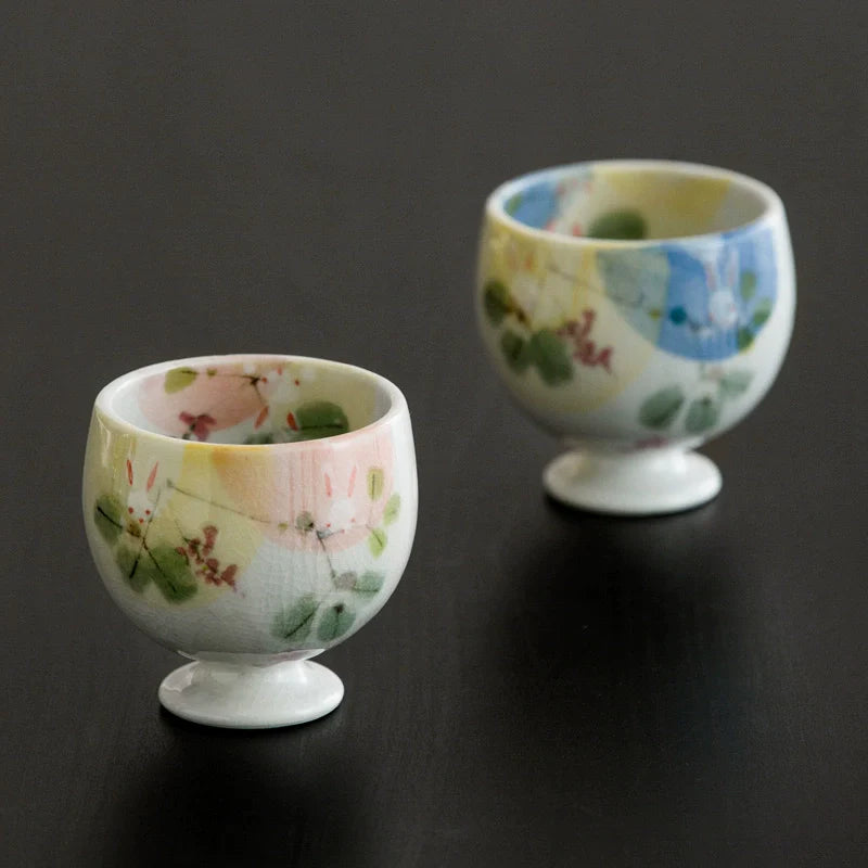 Sake Cups Set for 2 | Seto Ware Rabbit & Flower Couple Cups