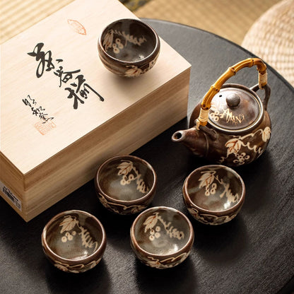 Japanese Tea Set Shino Ware | Teapot & 5 Teacups Haruaki