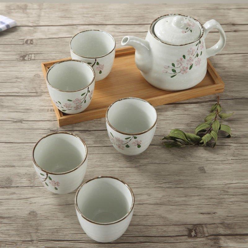 Ceramic Tea Set Japanese Handcrafted Glazed Sakura Teapot and 5 Cups Cherry Blossom Gift Set