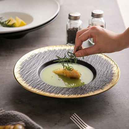 Ceramic Pasta Bowl Plate – Matte Finish Black White Gold Rim