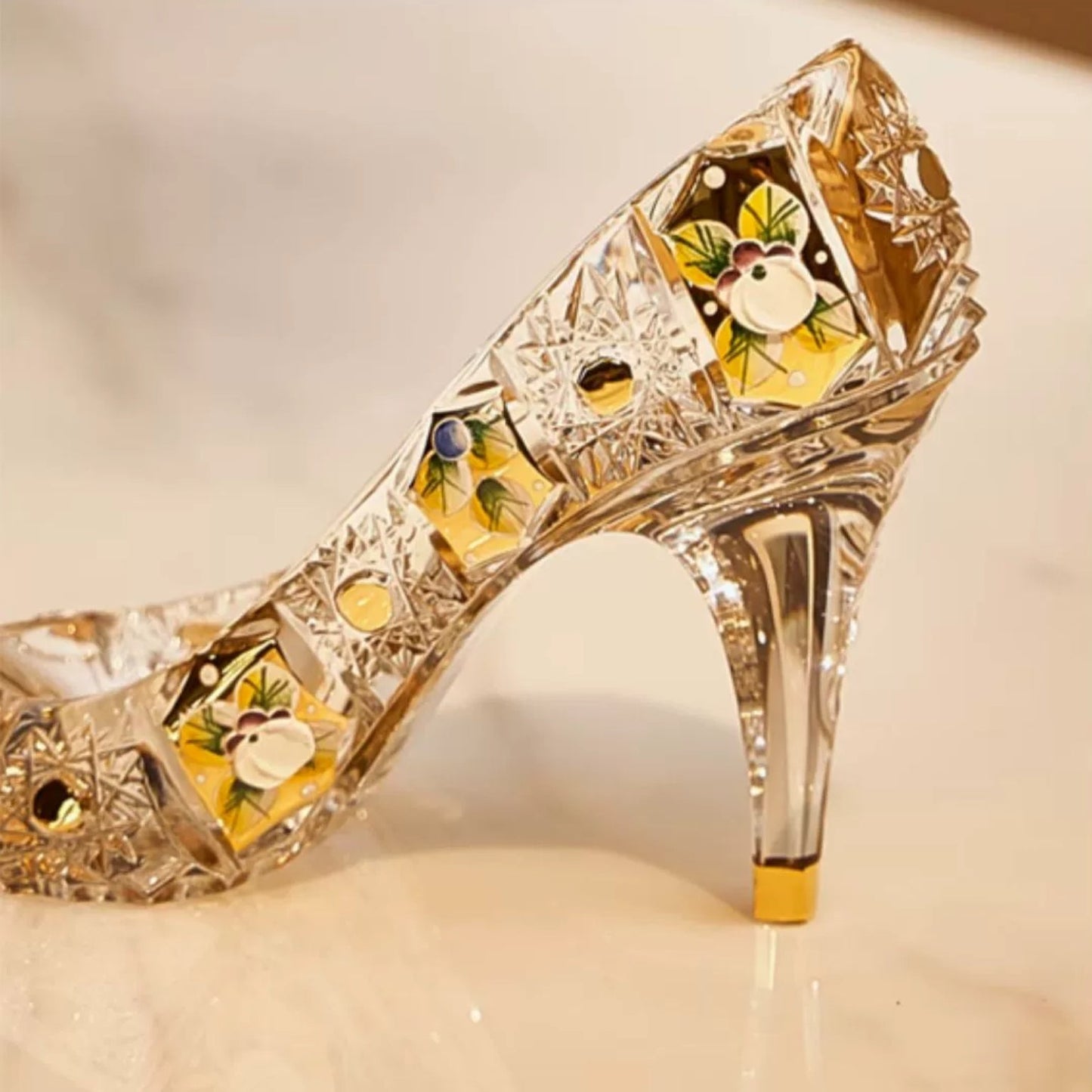 Crystal Slipper Ornament Bohemia Enchanted Cinderella Gold Enamel Floral Czech Crystal Glass Shoe Collectible Gift