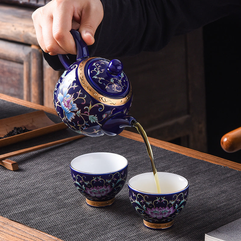 Jingdezhen Enamel Tea Set 925 Sterling Silver Interior 17-Piece