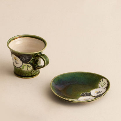 Coffee Cup and Saucer Set – Mino Ware Oribe Camellia Ceramic