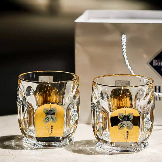 Whisky Glass Decanter Set Bohemia Gold Enamel Flower Czech Crystal Short Tall Whisky Glass Decanter Gift Box