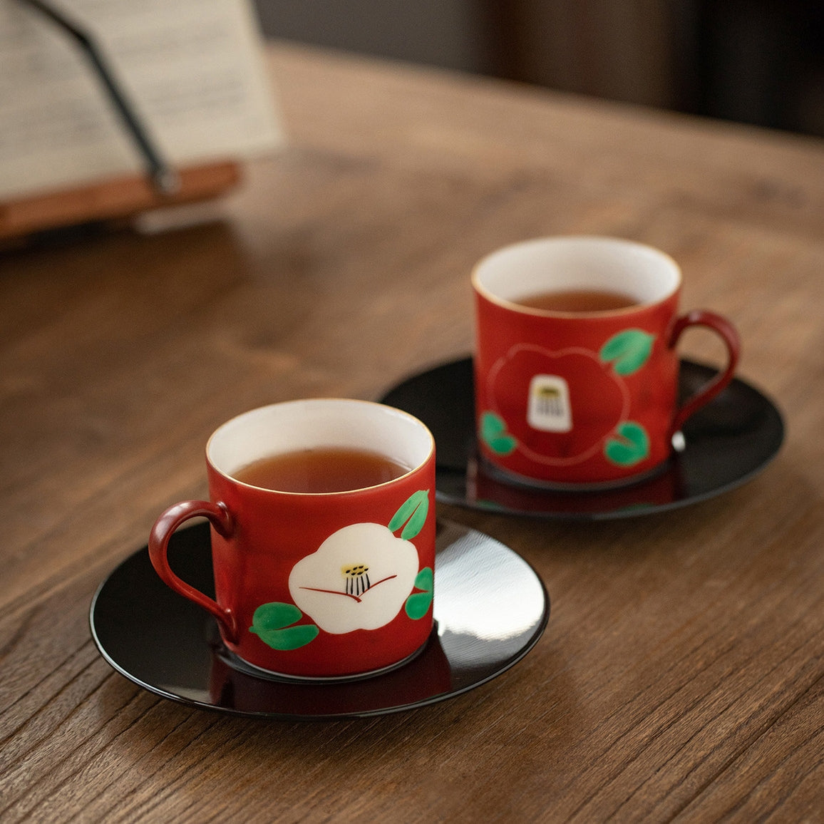 Japanese Couple Tea Cup Set – Mino Ware Red Camellia Design
