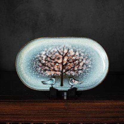 Ceramic Oval Platter – Nunobiki Ware Twin Sparrow Handcrafted