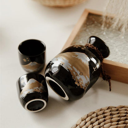Ceramic Sake Set Mount Fuji Japanese Handcrafted Flagon 2 Cups White Black