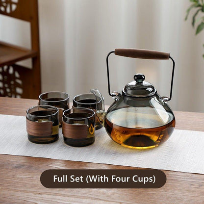 Glass Teapot Set | Wood Handle Japanese Tea Set with Cups