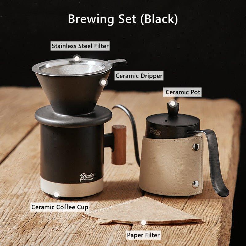 Pour Over Coffee Set Ceramic Single Cup Dripper with Cup & Pot – Black & White Home Brew Kit