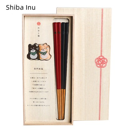 Chopsticks Gift Set | Japanese Shiba Inu & Kitten Handcrafted Wood Couples Wedding