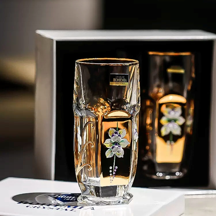 Whisky Glass Decanter Set Bohemia Gold Enamel Flower Czech Crystal Short Tall Whisky Glass Decanter Gift Box