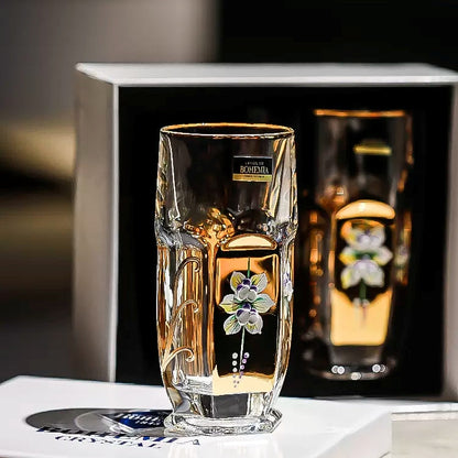 Whisky Glass Decanter Set Bohemia Gold Enamel Flower Czech Crystal Short Tall Whisky Glass Decanter Gift Box