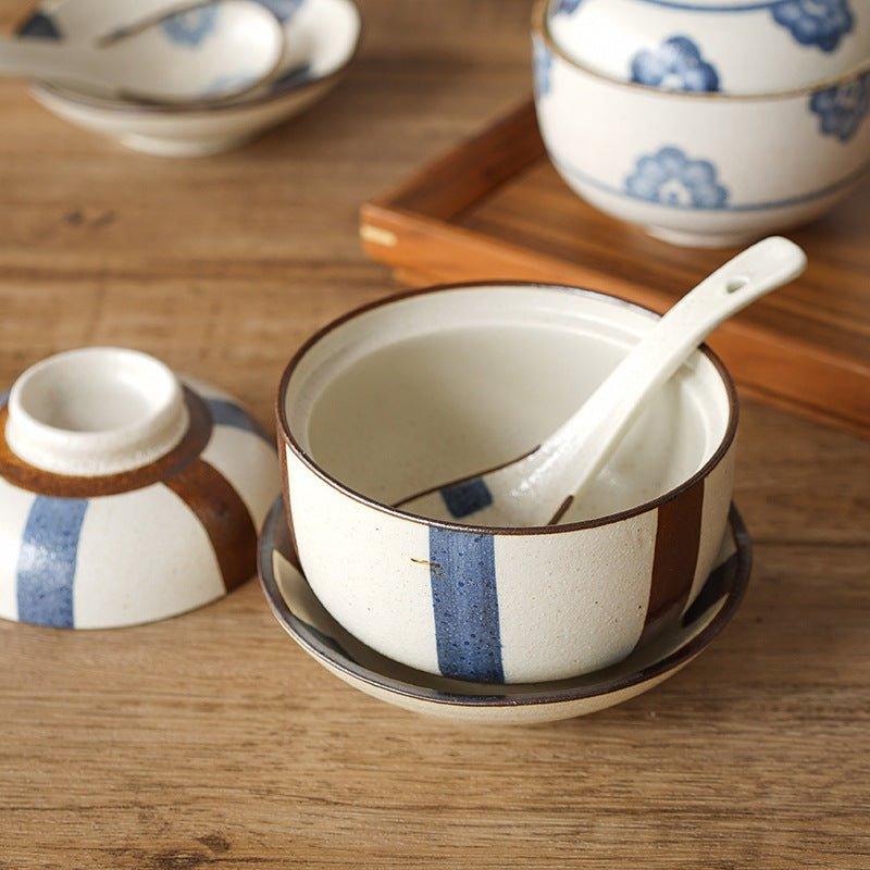 Ceramic Bowl with Lid Japanese Handcrafted Rounded Lidded Bowl Stripes Dotted Flower Styles