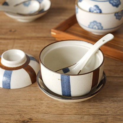 Ceramic Bowl with Lid Japanese Handcrafted Rounded Lidded Bowl Stripes Dotted Flower Styles