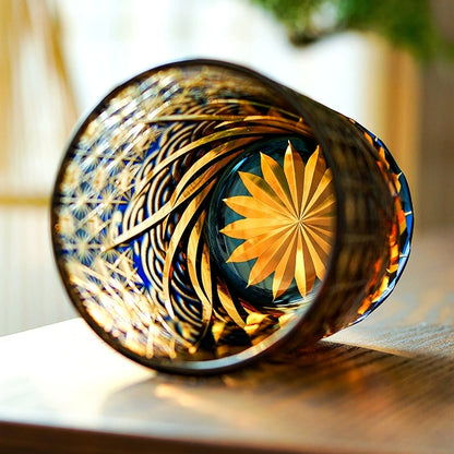 Whiskey Glass Edo Kiriko Blue Amber – Hand-Cut Japanese Tumbler with Wooden Box | Blue Chrysanthemum & Starry Sea
