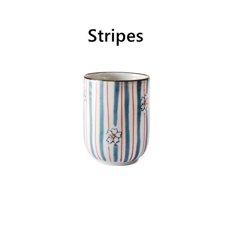 Ceramic Tea Cup Japanese Hand-Painted Leaves Fan Stripes Golden