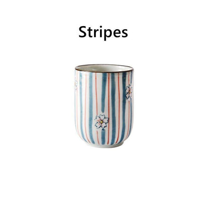 Ceramic Tea Cup Japanese Hand-Painted Leaves Fan Stripes Golden