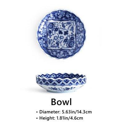 Blue and White Ceramic Bowl and Plate Japanese Handcrafted Traditional Nature Floral Design