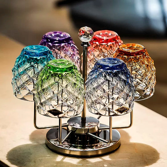 Whisky Glasses Set Bohemia Crystal Chroma Colored Faceted Czech Crystal Glass Set of 6 with Chrome Stand Bar Gift