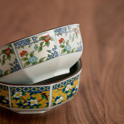 Bowl Set of 5 | Japanese Mino Ware Octagonal Court Brocade Ceramic Bowls