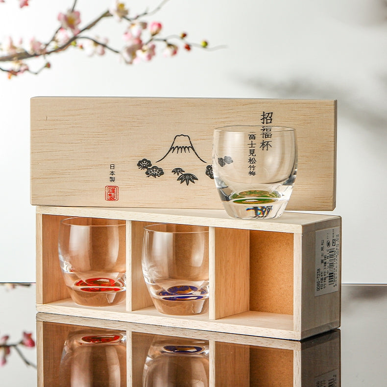 Sake Cup Set Japanese Gold Mt. Fuji Glass – Shochikubai 3pc