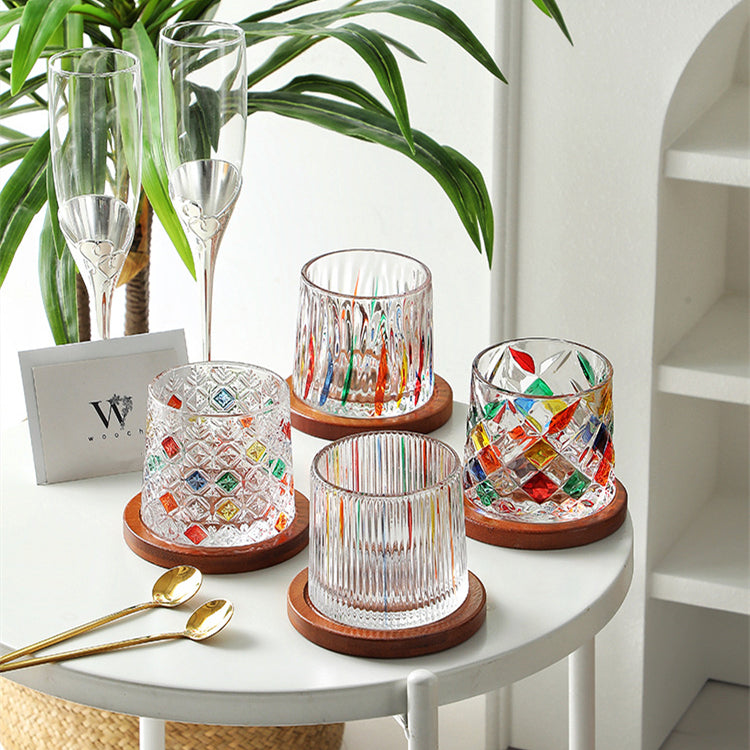 Whiskey Glass Rotating Stained Crystal | Wooden Base Gift Set