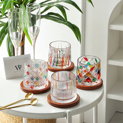 Whiskey Glass Rotating Stained Crystal | Wooden Base Gift Set