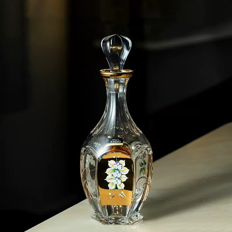 Whisky Glass Decanter Set Bohemia Gold Enamel Flower Czech Crystal Short Tall Whisky Glass Decanter Gift Box