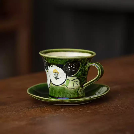 Coffee Cup and Saucer Set – Mino Ware Oribe Camellia Ceramic