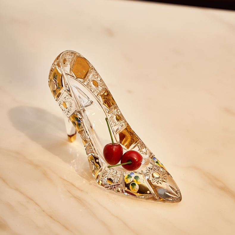 Crystal Slipper Ornament Bohemia Enchanted Cinderella Gold Enamel Floral Czech Crystal Glass Shoe Collectible Gift