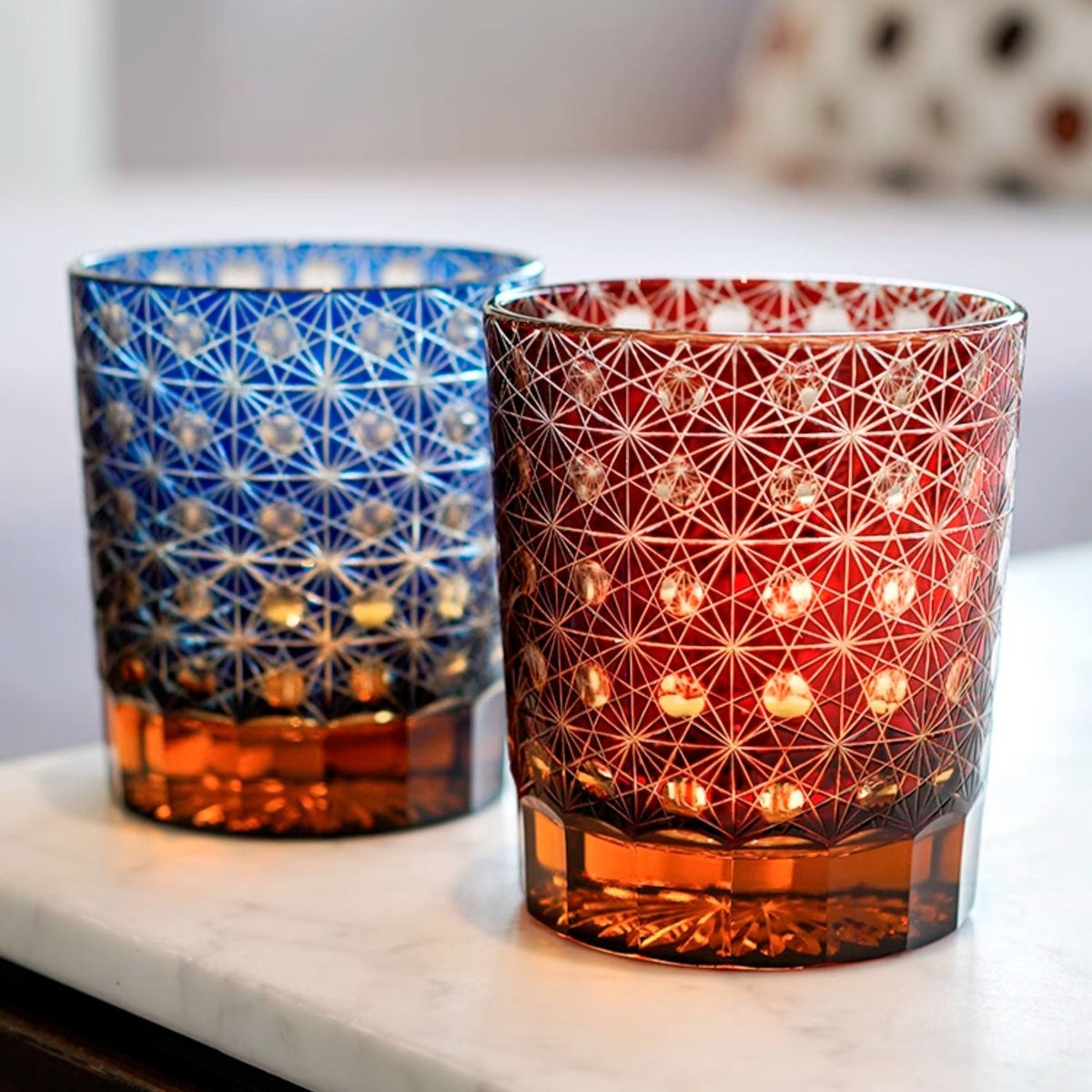 Whiskey Glass Edo Kiriko Star Chrysanthemum – Hand-Cut Japanese Tumbler with Wooden Box | Blue Amber & Red Amber