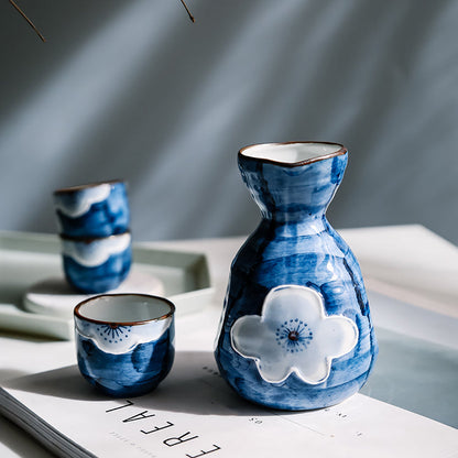 Japanese Sake Set – Sakura Ceramic 1 Flagon 4 Cups Blue Black