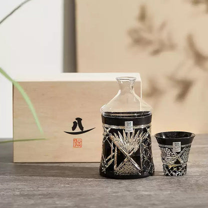 Sake Set Kiriko Glass – Gold Leaf Black Crystal Handcrafted