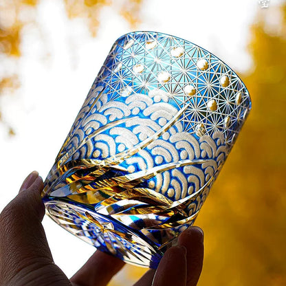 Whiskey Glass Edo Kiriko Blue Amber – Hand-Cut Japanese Tumbler with Wooden Box | Blue Chrysanthemum & Starry Sea