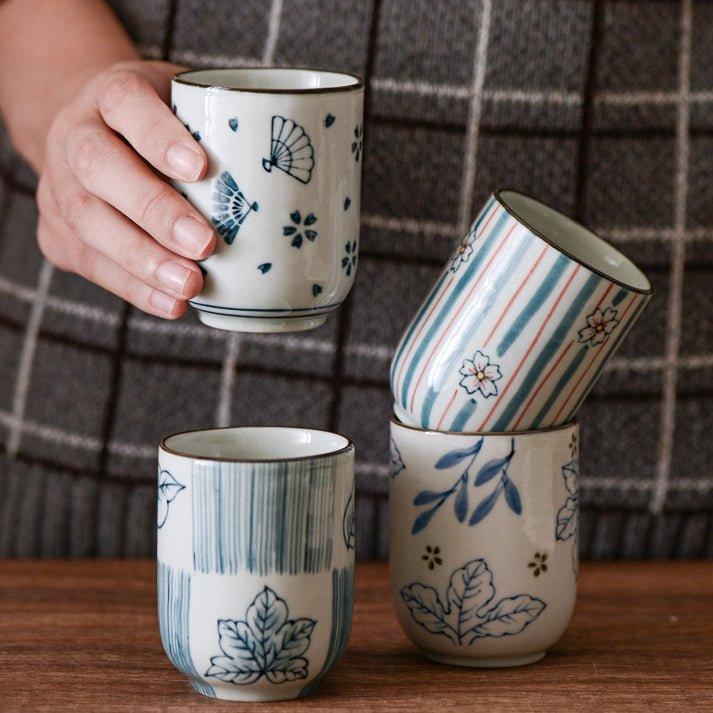 Ceramic Tea Cup Japanese Hand-Painted Leaves Fan Stripes Golden