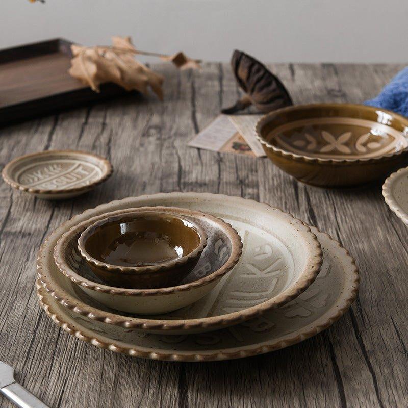 Ceramic Tableware Japanese Butter Biscuit Embossed Plate Bowl Set
