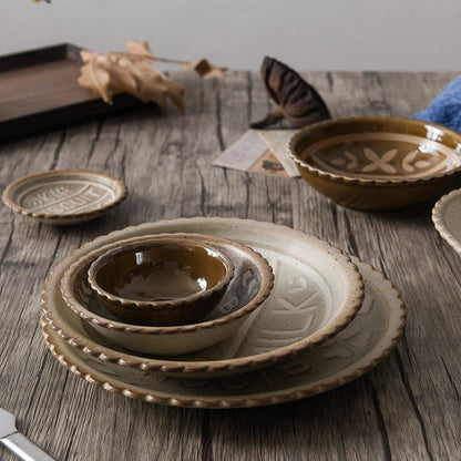 Ceramic Tableware Japanese Butter Biscuit Embossed Plate Bowl Set