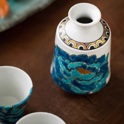 Japanese Sake Set – Kutaniyaki Gold Foil Blue Peony Artist Signed