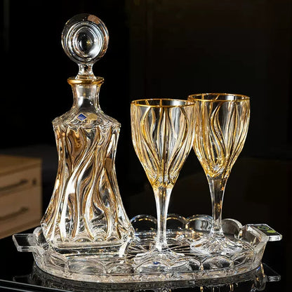 Wine Glass Set Bohemia Crystal Luxury Gold Detail Czech Crystal Wine Champagne Glass Decanter Set Gift Box