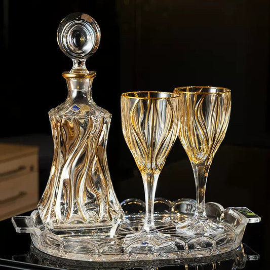 Wine Glass Set Bohemia Crystal Luxury Gold Detail Czech Crystal Wine Champagne Glass Decanter Set Gift Box