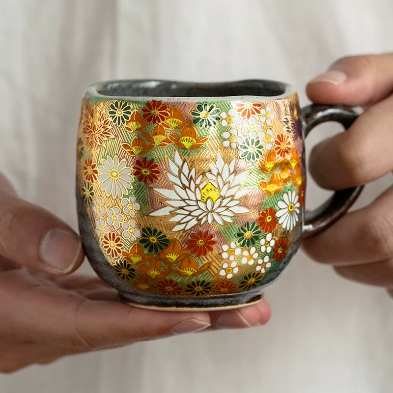 Japanese Ceramic Mug – Kutaniyaki Gold Floral or Cat Night