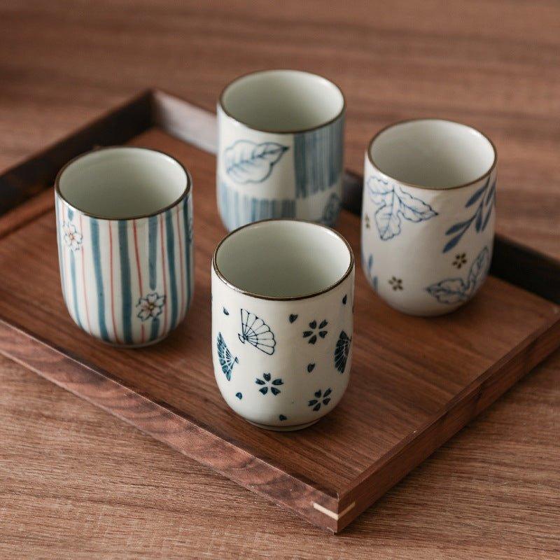 Ceramic Tea Cup Japanese Hand-Painted Leaves Fan Stripes Golden