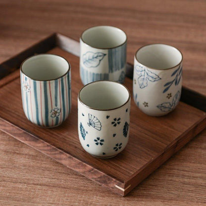 Ceramic Tea Cup Japanese Hand-Painted Leaves Fan Stripes Golden