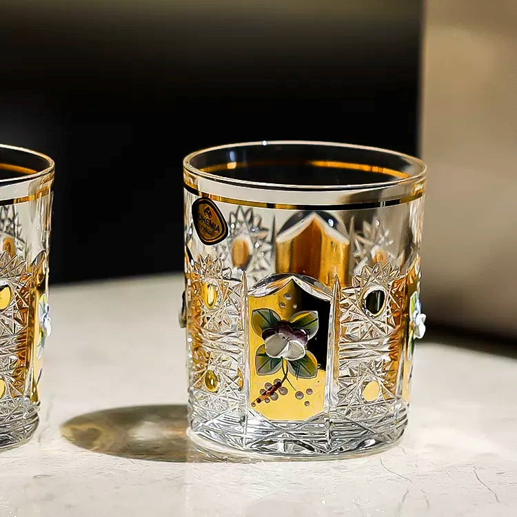 Whisky Glasses Bohemia Enchanted Blossom Cut Crystal Gold Enamel Floral Czech Crystal Whisky Glass Gift Set of 2
