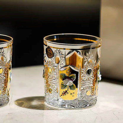Whisky Glasses Bohemia Enchanted Blossom Cut Crystal Gold Enamel Floral Czech Crystal Whisky Glass Gift Set of 2