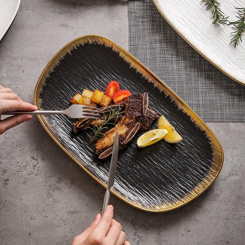 Ceramic Rectangular Plate – Matte Black White Gold Rim