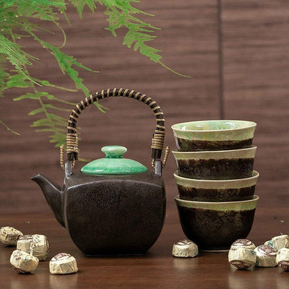 Tea Set | Japanese Mino Ware Jade Ceramic Teapot & 4 Cups Gift Set
