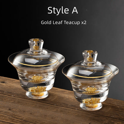 Tea Cups Set of 2 Gold Leaf Borosilicate Glass Gongfu Teacup